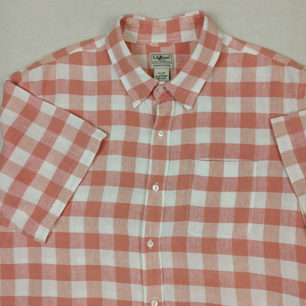 LL Bean Mens XL Short Sleeve Linen Buffalo Check Plaid Button Down Shirt - Coral